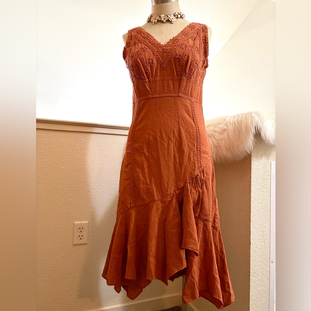 Like NEW!! S Vintage 90s Y2K Scully Rust Orange Embroidery Midi Dress